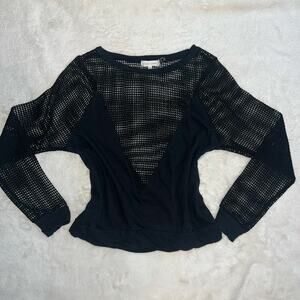 Sheer Black Knit Long Sleeve Top V-Neck Lightweight Layering Blouse Size Medium